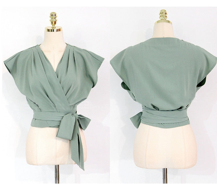 2 Pieces Set Women V-neck Lace Up Tops & High Waist Wide Leg Pants OL Style - MERGE.DAY.1.FREESTYLE