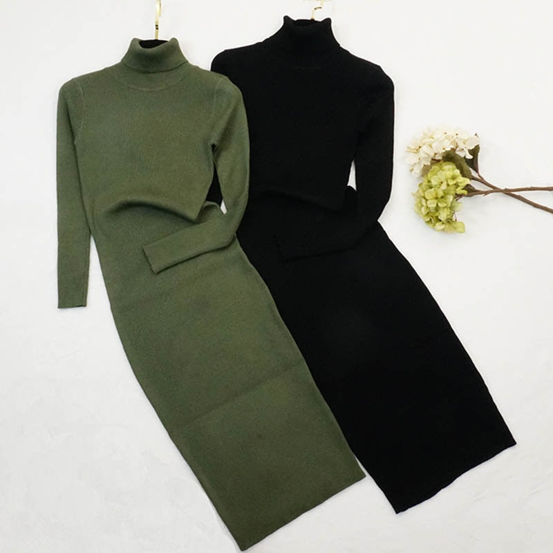 Women Knitted Dress Turtleneck Sweater Dresses Bodycon Long Sleeve Bottoming Dress Vestidos - MERGE.DAY.1.FREESTYLE