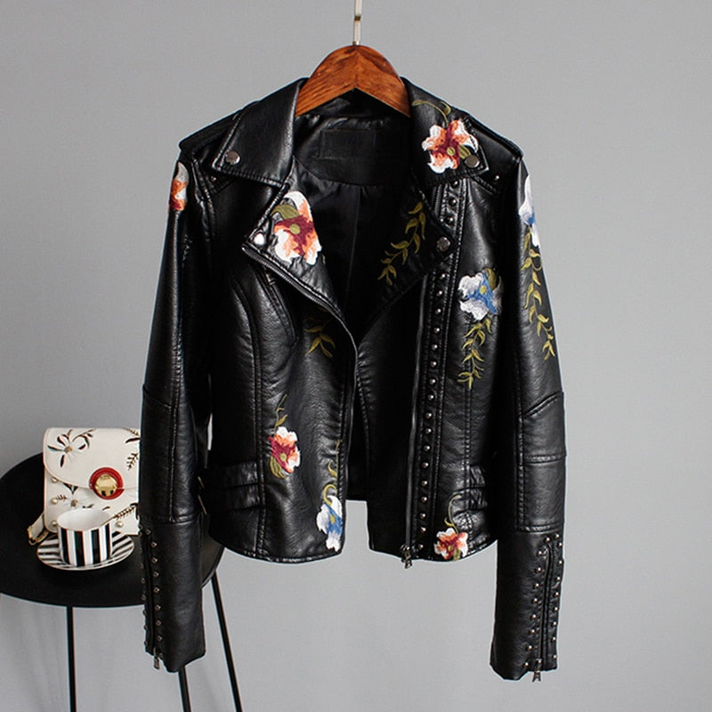 Floral Print Embroidery Faux Soft Leather Jacket Women Pu Motorcycle Coat - MERGE.DAY.1.FREESTYLE