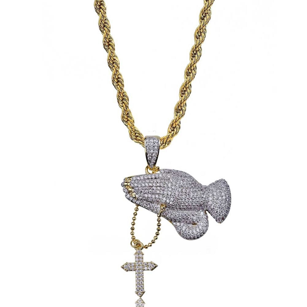 Iced Out Praying Hand Pendant Necklace With Cross Gold Silver Color Hip Hop Necklace - MERGE.DAY.1.FREESTYLE