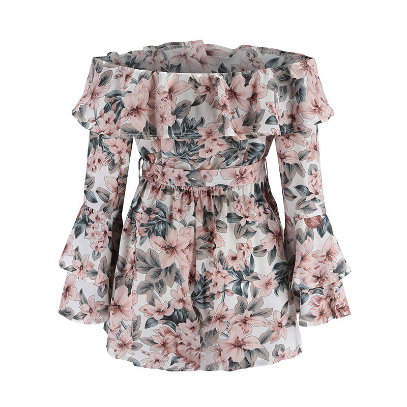 Bohemian Floral Print Ruffles Chiffon Shorts Jumpsuit Women Long Sleeve Off Shoulder Rompers - MERGE.DAY.1.FREESTYLE