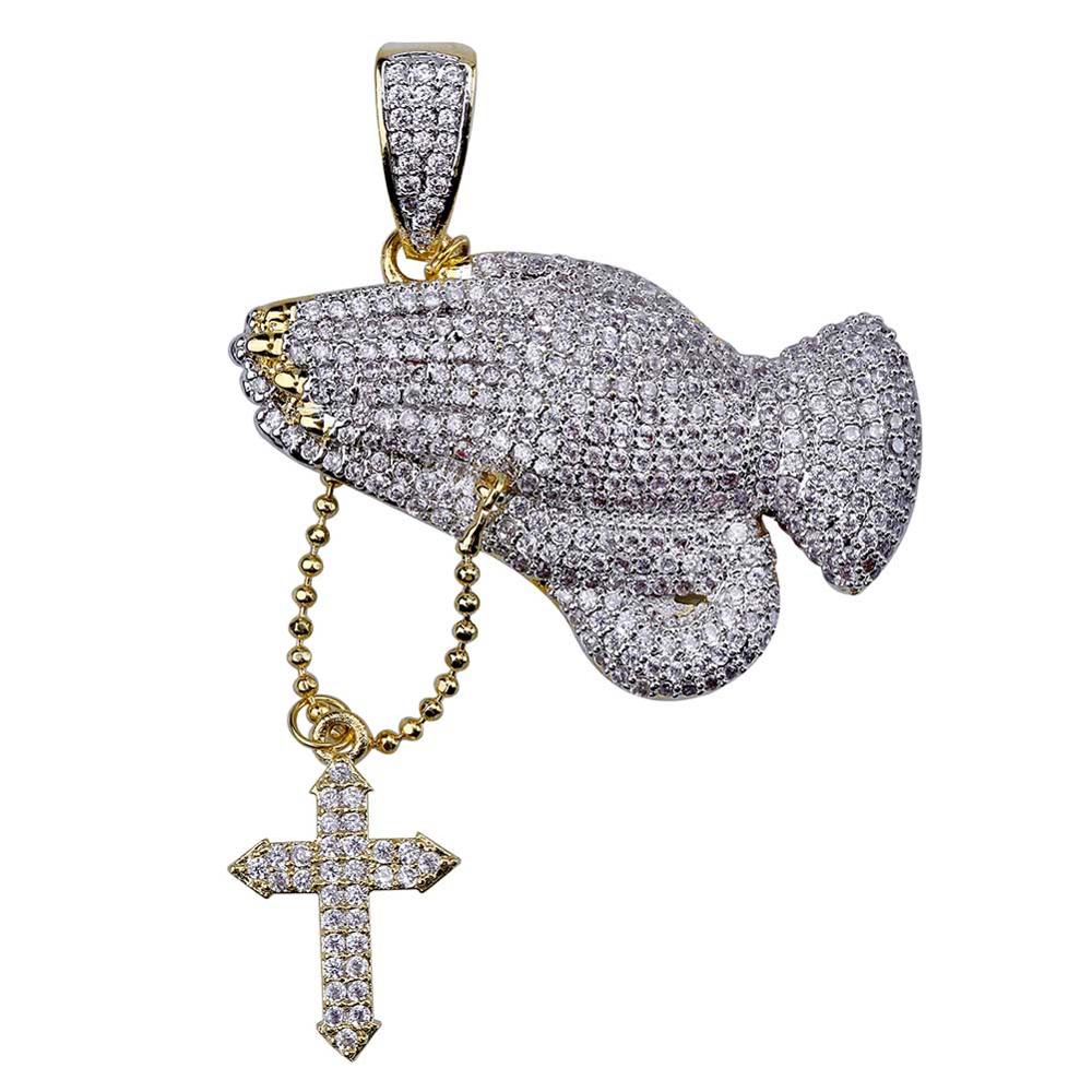 Iced Out Praying Hand Pendant Necklace With Cross Gold Silver Color Hip Hop Necklace - MERGE.DAY.1.FREESTYLE