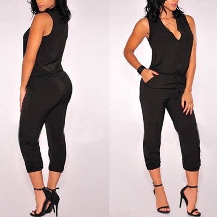 Summer Sexy V Neck Jumpsuit Long Pants Solid Rompers Women's Sleeveless One Piece Bodysuit - MERGE.DAY.1.FREESTYLE