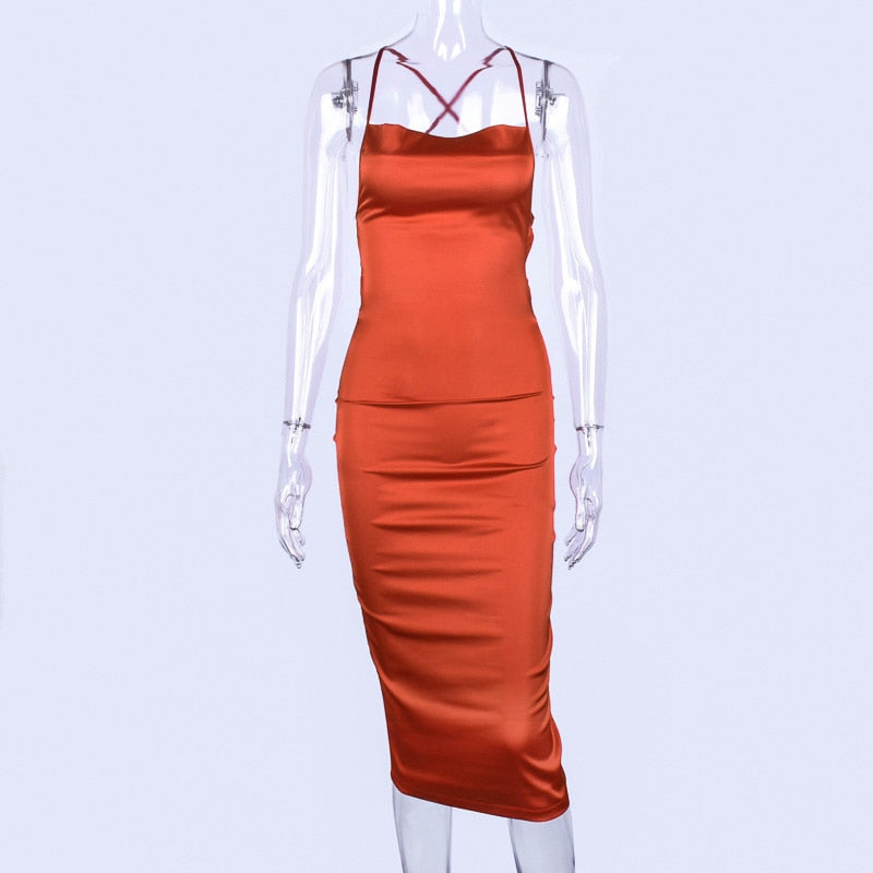 neon satin lace up 2022 summer women bodycon long midi dress sleeveless backless elegant party - MERGE.DAY.1.FREESTYLE