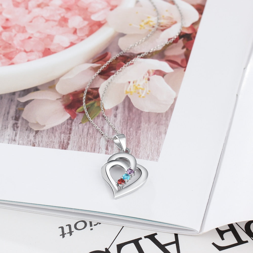 925 Sterling Silver Mothers Necklace with 3 Birthstones Romantic Name Heart Pendants - MERGE.DAY.1.FREESTYLE