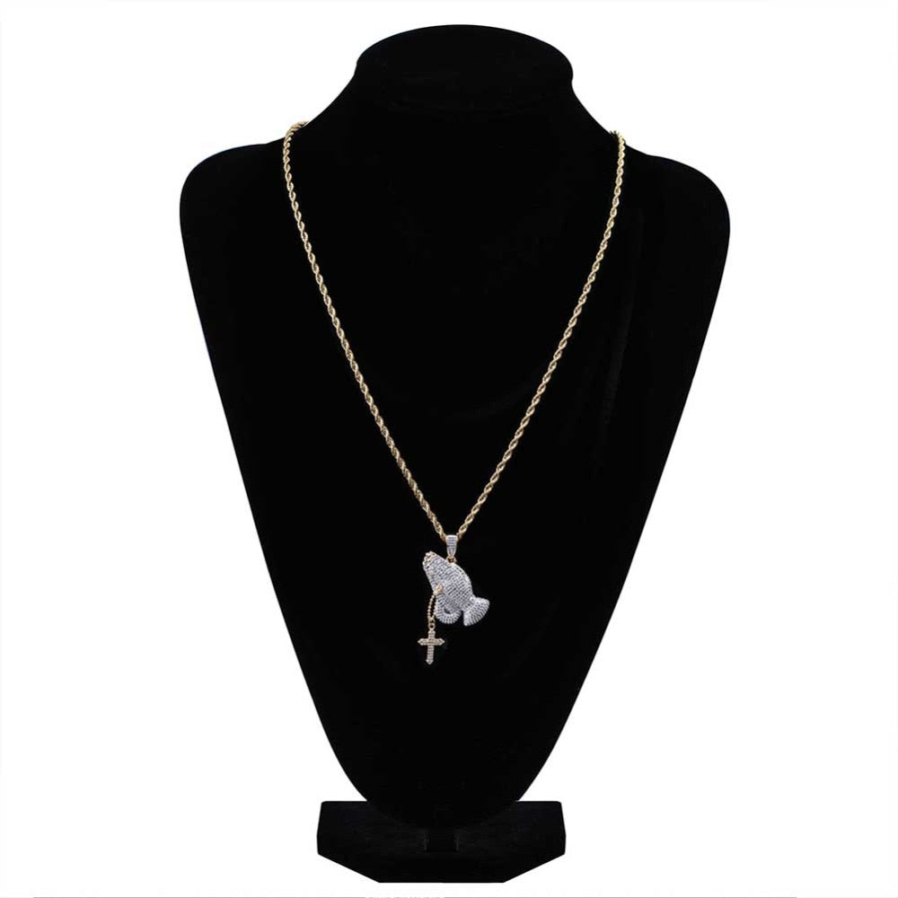 Iced Out Praying Hand Pendant Necklace With Cross Gold Silver Color Hip Hop Necklace - MERGE.DAY.1.FREESTYLE