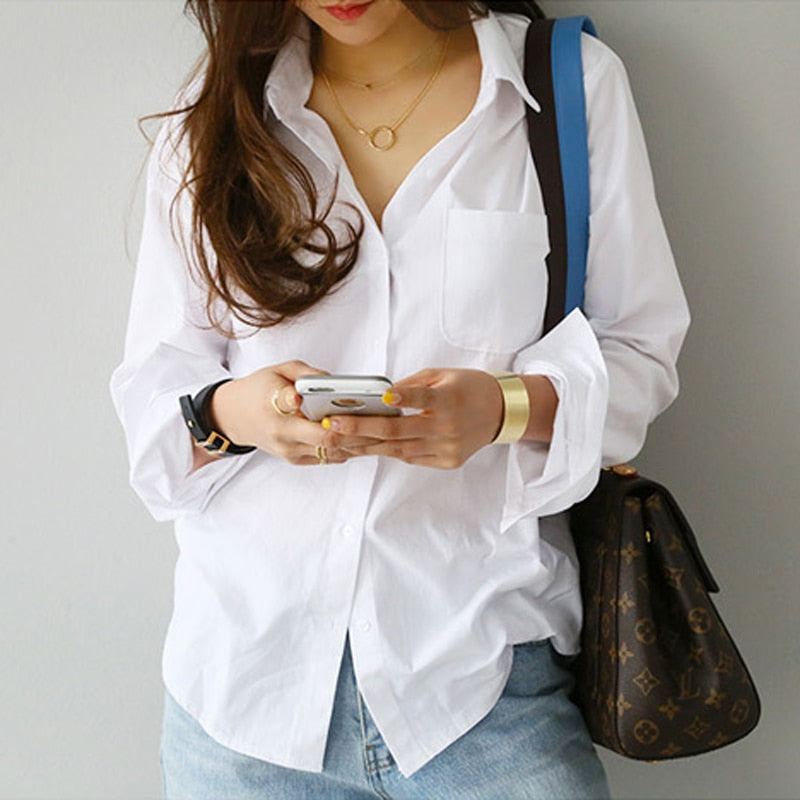 S-3XL Spring One Pocket Women White Blouse Female Shirt Tops Long Sleeve - MERGE.DAY.1.FREESTYLE