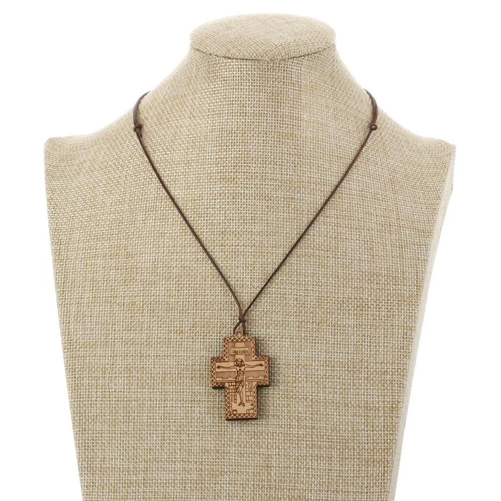Handmade Rope Chain Necklace Wood Orthodox Cross Pendant Necklace - MERGE.DAY.1.FREESTYLE