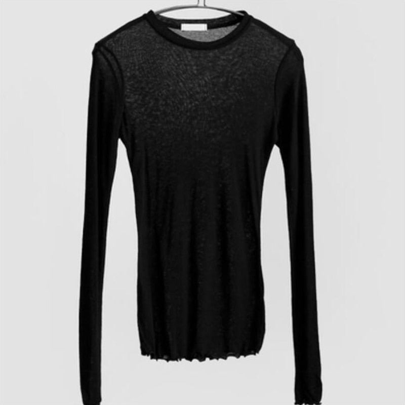 Slim T Shirt Women Cotton T-shirts Female Casual Tops Long Sleeve Sexy Thin T-shirt see through - MERGE.DAY.1.FREESTYLE