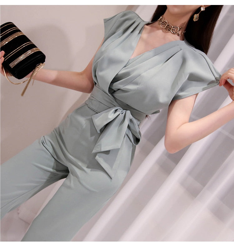 2 Pieces Set Women V-neck Lace Up Tops & High Waist Wide Leg Pants OL Style - MERGE.DAY.1.FREESTYLE