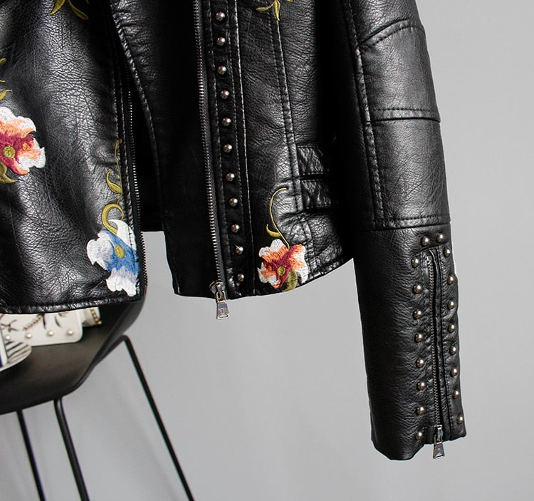 Floral Print Embroidery Faux Soft Leather Jacket Women Pu Motorcycle Coat - MERGE.DAY.1.FREESTYLE