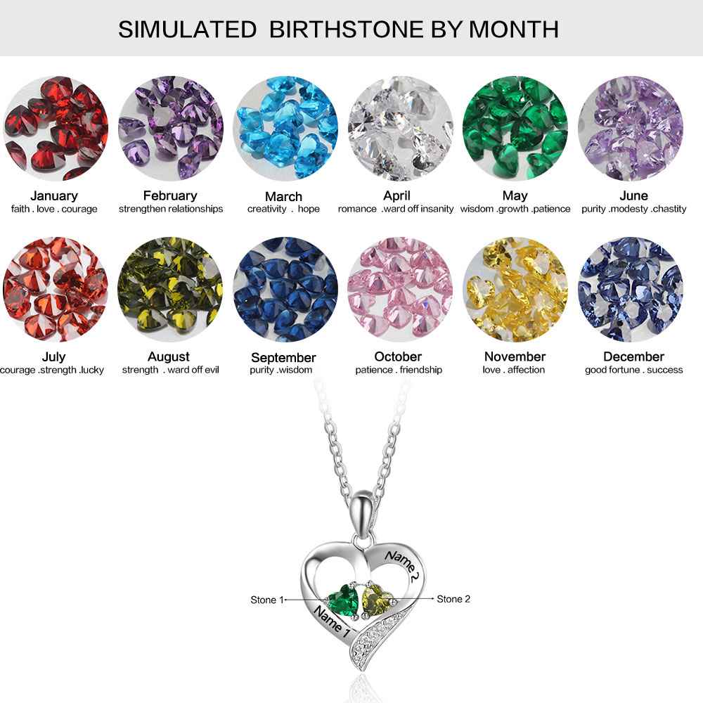 925 Sterling Silver Name Necklace with 2 Birthstones Custom Engraved Heart Pendant - MERGE.DAY.1.FREESTYLE