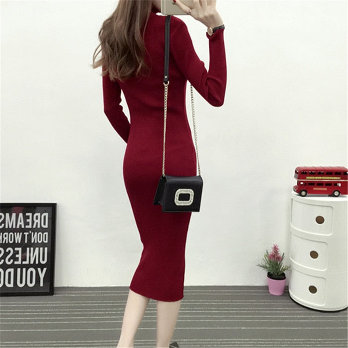 Women Knitted Dress Turtleneck Sweater Dresses Bodycon Long Sleeve Bottoming Dress Vestidos - MERGE.DAY.1.FREESTYLE