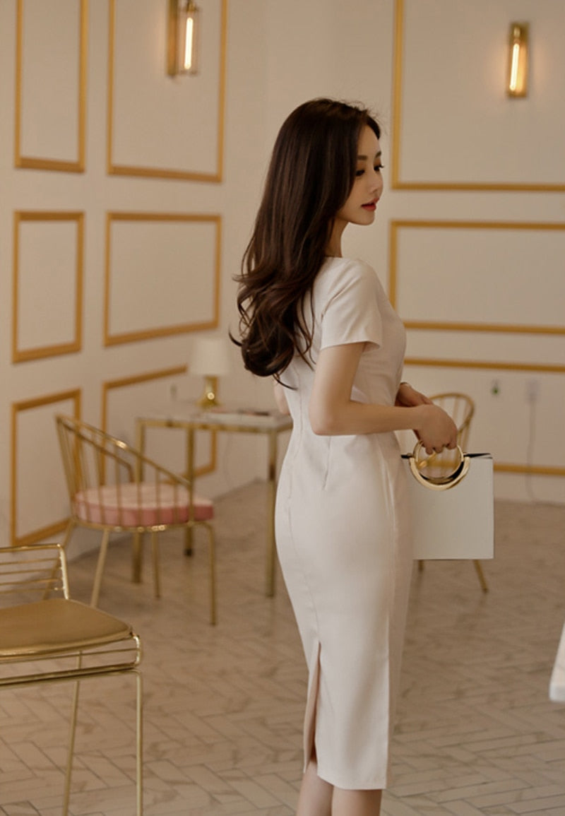 Brief Style Slash-neck Sleeveless Office Ladies Dress Elegant Midi Pencil Dresses - MERGE.DAY.1.FREESTYLE