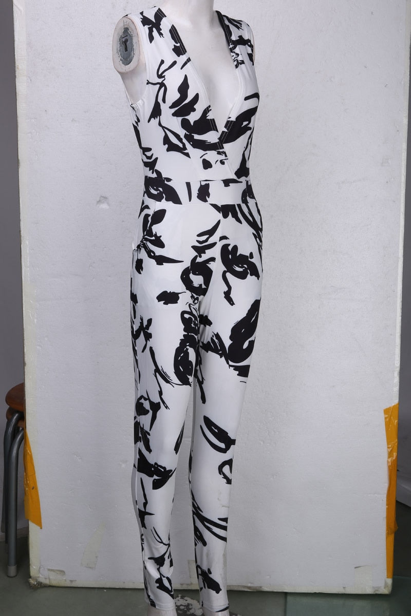 Summer Women Jumpsuit Romper Sexy Strap V Neck Sleeveless Floral Print Bodycon Overalls - MERGE.DAY.1.FREESTYLE