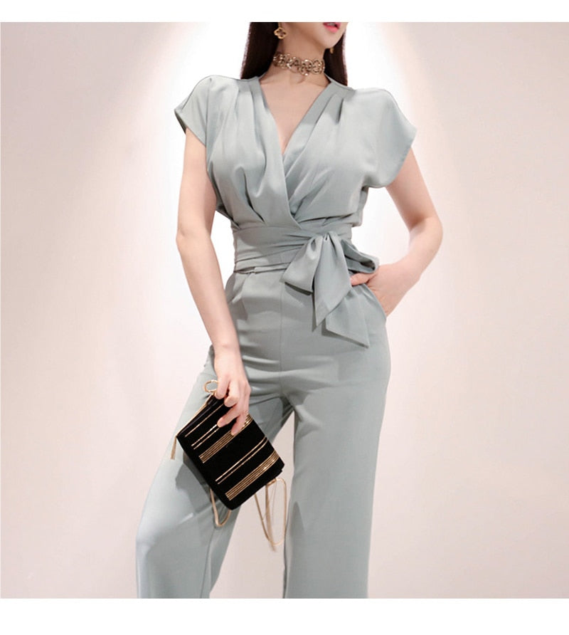 2 Pieces Set Women V-neck Lace Up Tops & High Waist Wide Leg Pants OL Style - MERGE.DAY.1.FREESTYLE