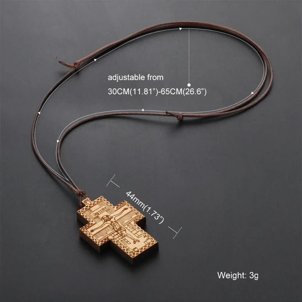 Handmade Rope Chain Necklace Wood Orthodox Cross Pendant Necklace - MERGE.DAY.1.FREESTYLE