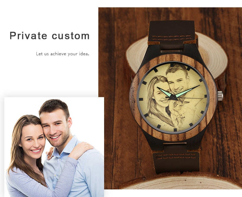 Personalized Custom Watch Photo Ebony Wooden Watch Engraving Picture Leather Band Unique Quartz Watches - MERGE.DAY.1.FREESTYLE
