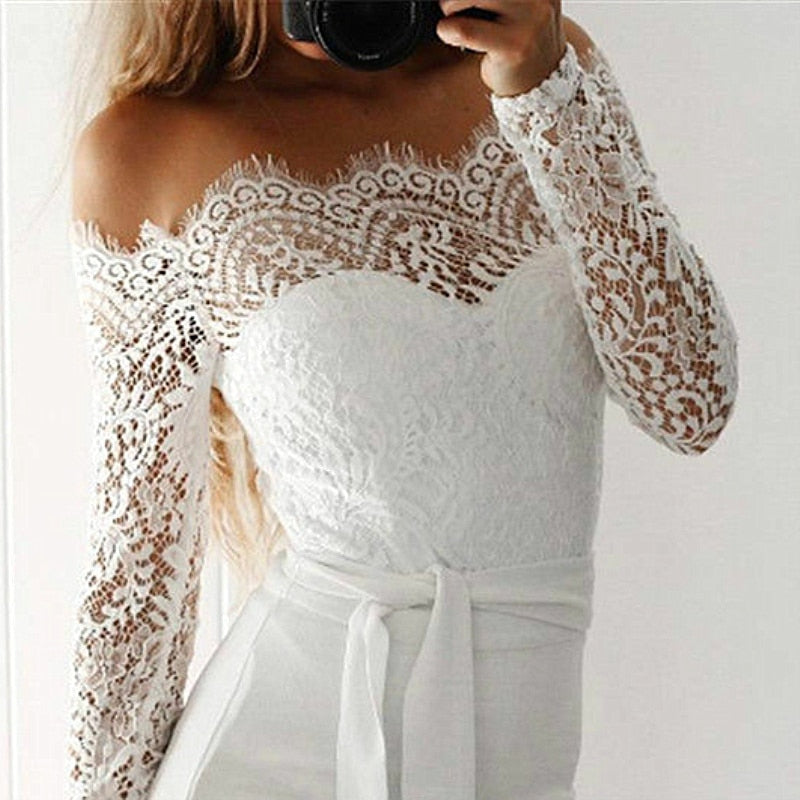 Women Summer Off Shoulder Sexy Playsuits Long Sleeve Sheer Lace Patchwork Hollow Skinny Playsuits - MERGE.DAY.1.FREESTYLE