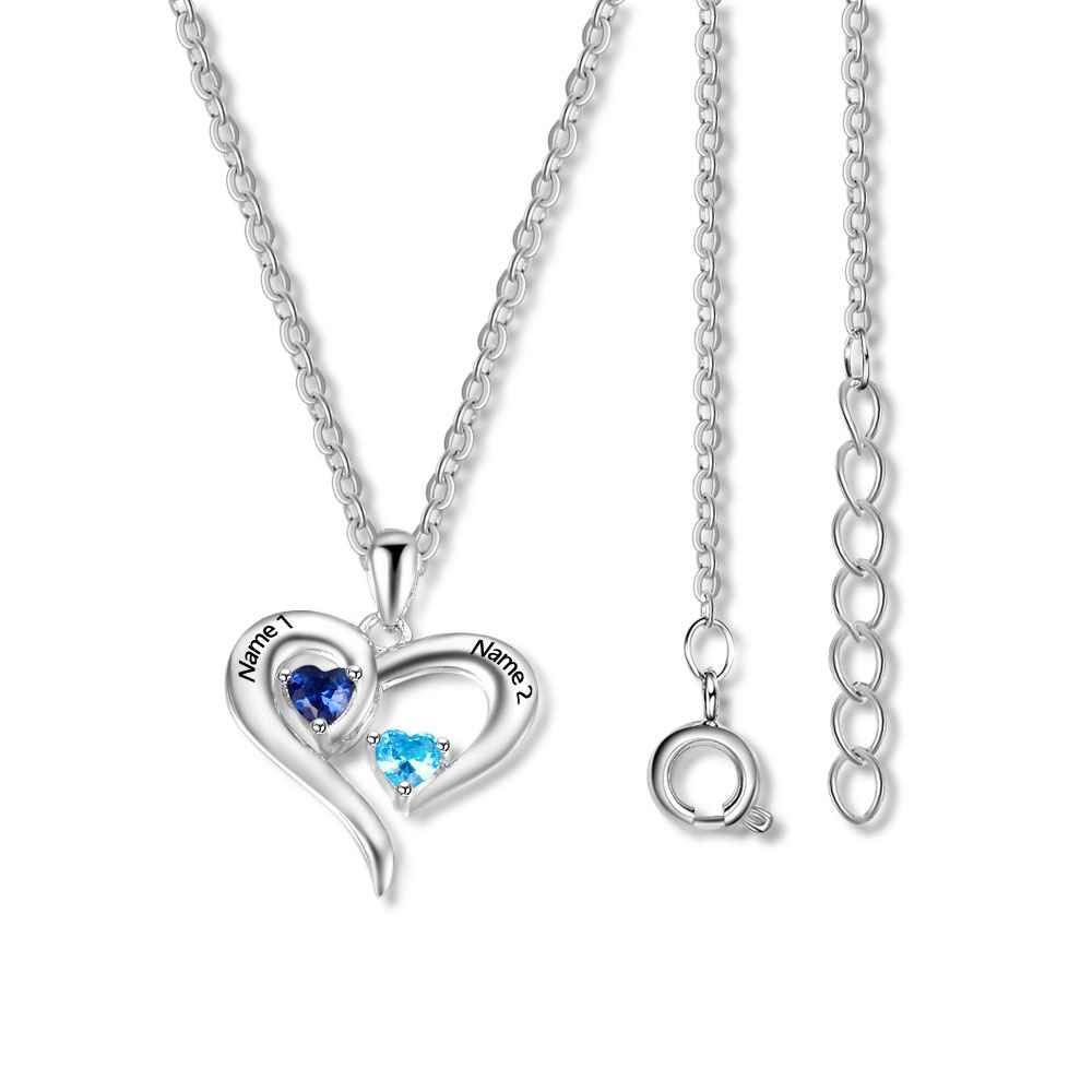 925 Sterling Silver Heart Necklace with 2 Birthstones Custom Engrave Name Pendant - MERGE.DAY.1.FREESTYLE