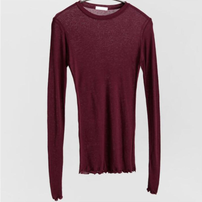 Slim T Shirt Women Cotton T-shirts Female Casual Tops Long Sleeve Sexy Thin T-shirt see through - MERGE.DAY.1.FREESTYLE