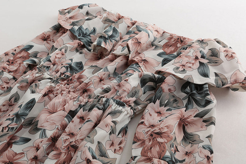 Bohemian Floral Print Ruffles Chiffon Shorts Jumpsuit Women Long Sleeve Off Shoulder Rompers - MERGE.DAY.1.FREESTYLE