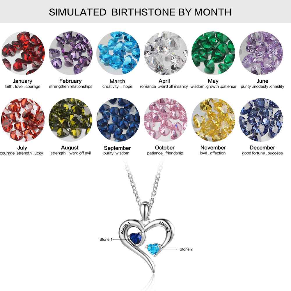 925 Sterling Silver Heart Necklace with 2 Birthstones Custom Engrave Name Pendant - MERGE.DAY.1.FREESTYLE