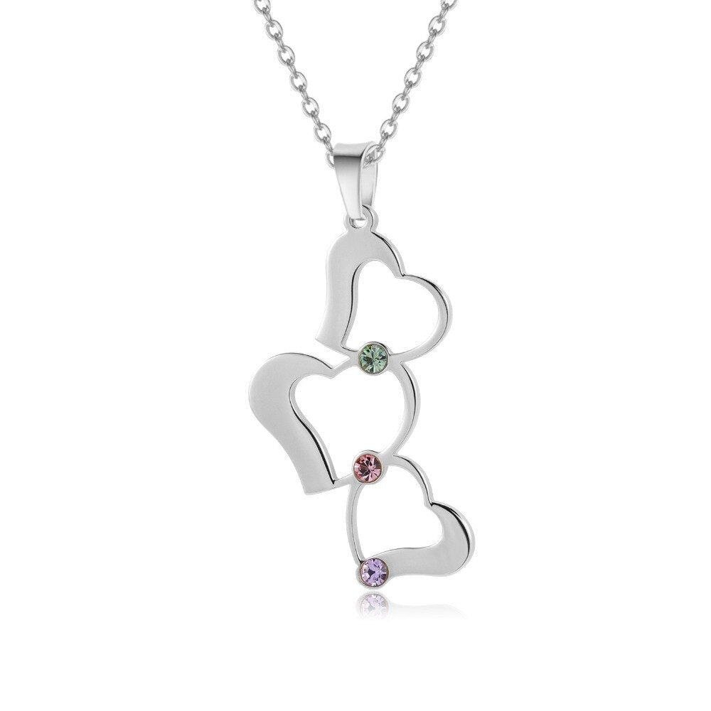Personalized 3 Love Heart Hollow Design Birthstone Engrave Name Necklace Pendant - MERGE.DAY.1.FREESTYLE