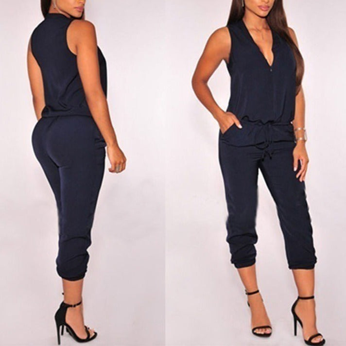 Summer Sexy V Neck Jumpsuit Long Pants Solid Rompers Women's Sleeveless One Piece Bodysuit - MERGE.DAY.1.FREESTYLE