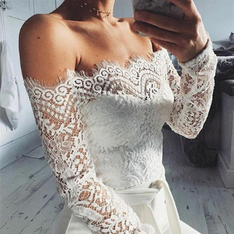 Women Summer Off Shoulder Sexy Playsuits Long Sleeve Sheer Lace Patchwork Hollow Skinny Playsuits - MERGE.DAY.1.FREESTYLE