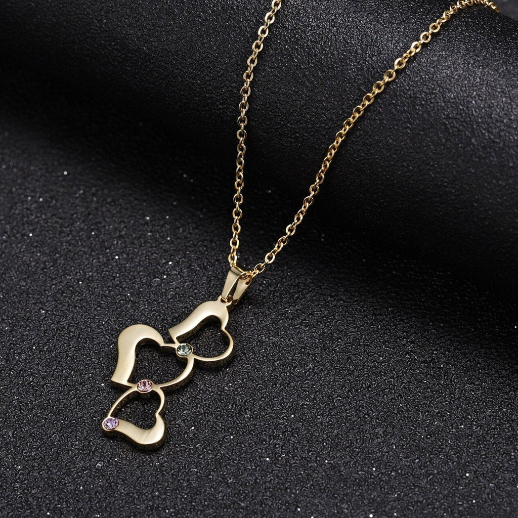 Personalized 3 Love Heart Hollow Design Birthstone Engrave Name Necklace Pendant - MERGE.DAY.1.FREESTYLE