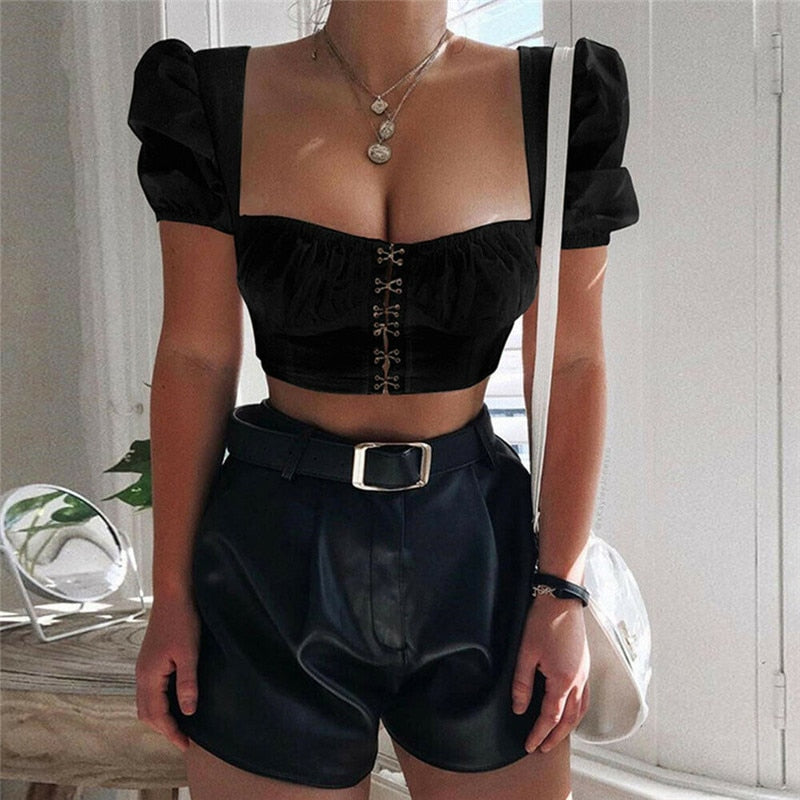 Women clothes Ladies Button Square Neck Tops Short Sleeve square collar pullover T-shirts - MERGE.DAY.1.FREESTYLE