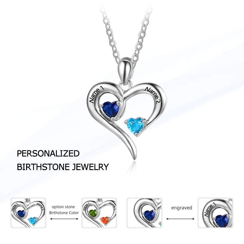 925 Sterling Silver Heart Necklace with 2 Birthstones Custom Engrave Name Pendant - MERGE.DAY.1.FREESTYLE