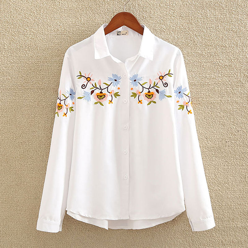 Floral Embroidered Blouse Shirt Women Slim White Tops Long Sleeve Blouses plus size - MERGE.DAY.1.FREESTYLE