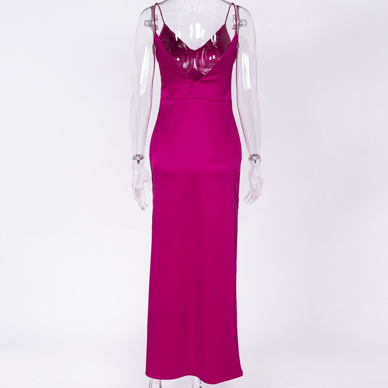 Satin V Neck Maxi Dress Women Spaghetti Strap Sleeveless Backless Side Split Long Dresses Lady Vestido - MERGE.DAY.1.FREESTYLE
