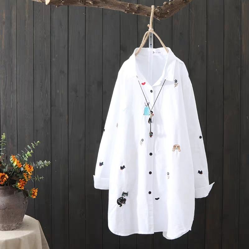 Plus size Cotton Embroidery women loose long white shirts casual ladies blouse - MERGE.DAY.1.FREESTYLE