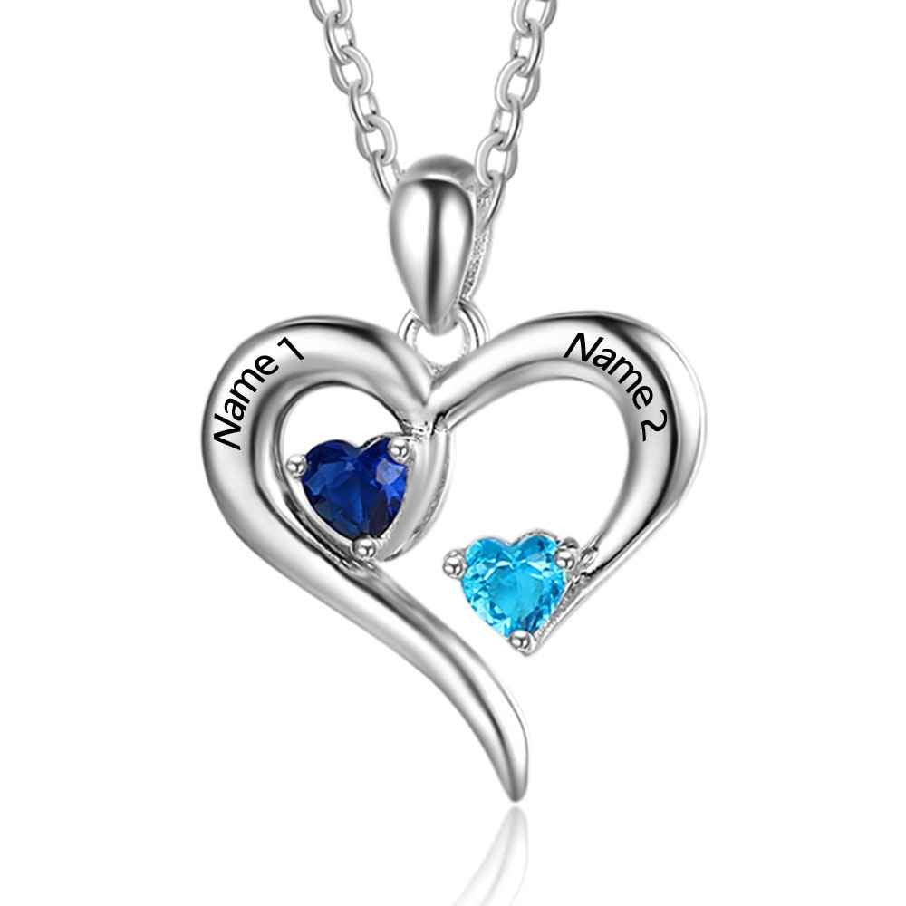 925 Sterling Silver Heart Necklace with 2 Birthstones Custom Engrave Name Pendant - MERGE.DAY.1.FREESTYLE