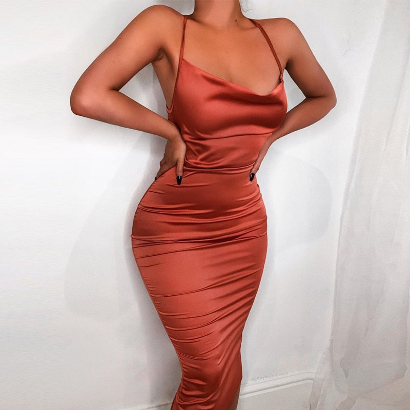 neon satin lace up 2022 summer women bodycon long midi dress sleeveless backless elegant party - MERGE.DAY.1.FREESTYLE