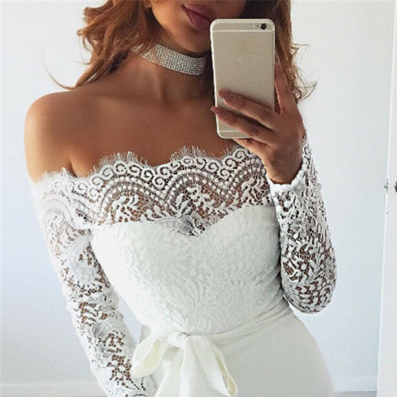 Women Summer Off Shoulder Sexy Playsuits Long Sleeve Sheer Lace Patchwork Hollow Skinny Playsuits - MERGE.DAY.1.FREESTYLE