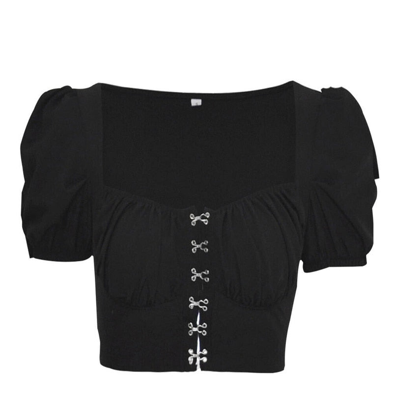 Women clothes Ladies Button Square Neck Tops Short Sleeve square collar pullover T-shirts - MERGE.DAY.1.FREESTYLE