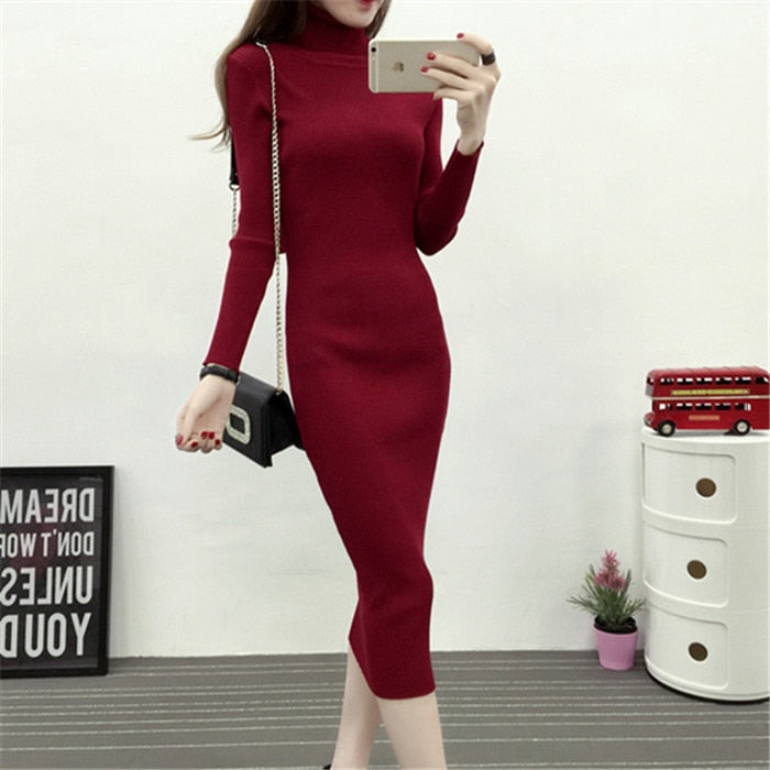 Women Knitted Dress Turtleneck Sweater Dresses Bodycon Long Sleeve Bottoming Dress Vestidos - MERGE.DAY.1.FREESTYLE
