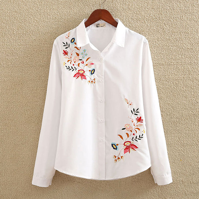 Floral Embroidered Blouse Shirt Women Slim White Tops Long Sleeve Blouses plus size - MERGE.DAY.1.FREESTYLE