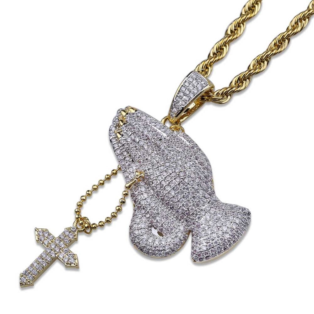 Iced Out Praying Hand Pendant Necklace With Cross Gold Silver Color Hip Hop Necklace - MERGE.DAY.1.FREESTYLE