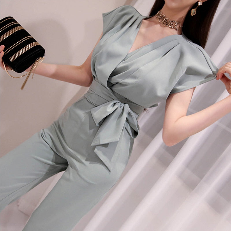 2 Pieces Set Women V-neck Lace Up Tops & High Waist Wide Leg Pants OL Style - MERGE.DAY.1.FREESTYLE