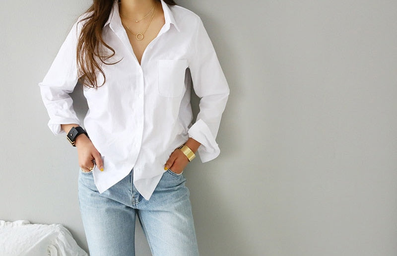 S-3XL Spring One Pocket Women White Blouse Female Shirt Tops Long Sleeve - MERGE.DAY.1.FREESTYLE