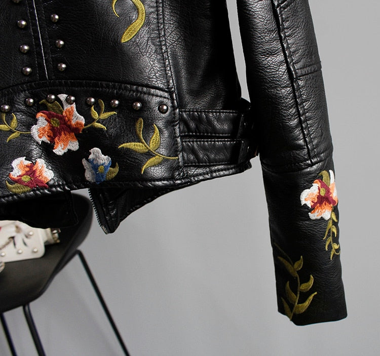 Floral Print Embroidery Faux Soft Leather Jacket Women Pu Motorcycle Coat - MERGE.DAY.1.FREESTYLE
