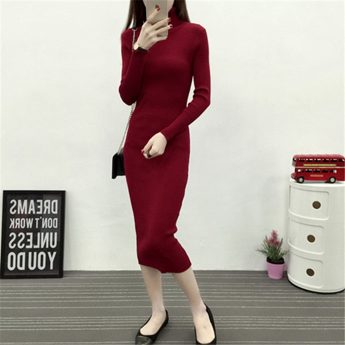 Women Knitted Dress Turtleneck Sweater Dresses Bodycon Long Sleeve Bottoming Dress Vestidos - MERGE.DAY.1.FREESTYLE