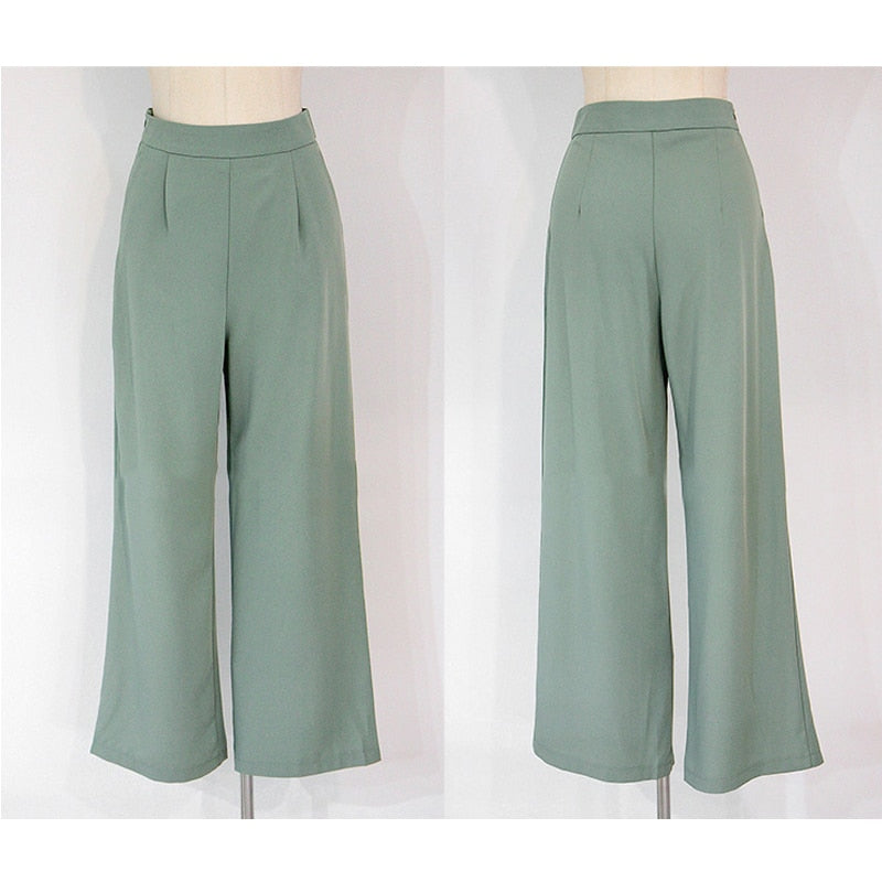 2 Pieces Set Women V-neck Lace Up Tops & High Waist Wide Leg Pants OL Style - MERGE.DAY.1.FREESTYLE