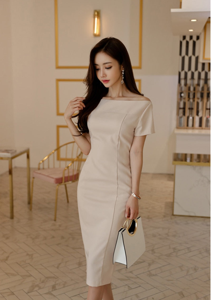 Brief Style Slash-neck Sleeveless Office Ladies Dress Elegant Midi Pencil Dresses - MERGE.DAY.1.FREESTYLE