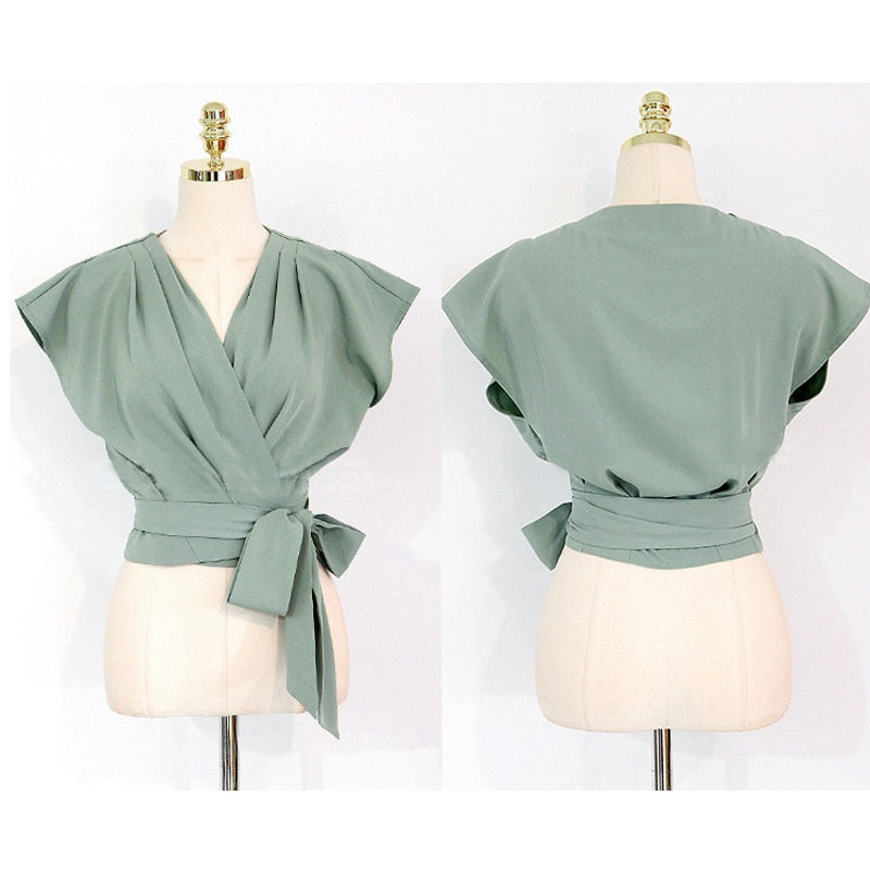 2 Pieces Set Women V-neck Lace Up Tops & High Waist Wide Leg Pants OL Style - MERGE.DAY.1.FREESTYLE
